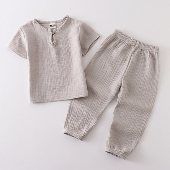UACY Cotton Linen Summer Outfit for Toddlers, 2-Piece Casual Clothing Set, Short Sleeve Button Down Shirt and Jogger Sweatpants (Light Ashy, 12-18 Months)