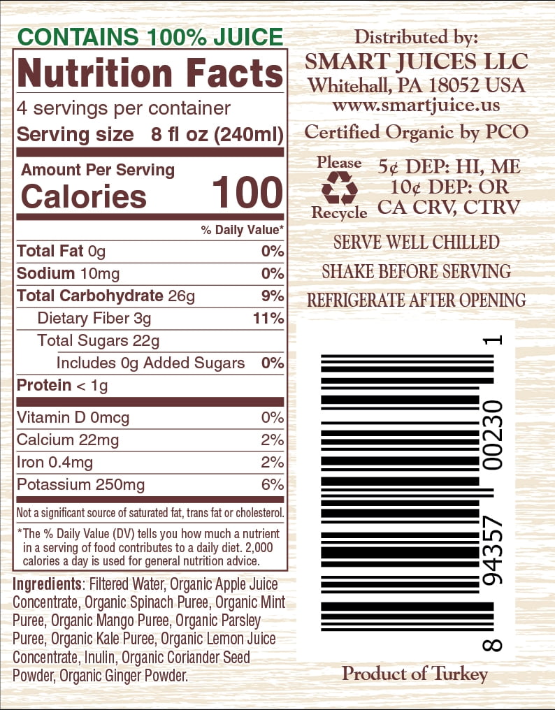 Smart Juice Organic Super Greens Juice with Spinach, Kale, Mango & Ginger – Shelf-Stable, 100% Juice – 32 fl oz, Pack of 6