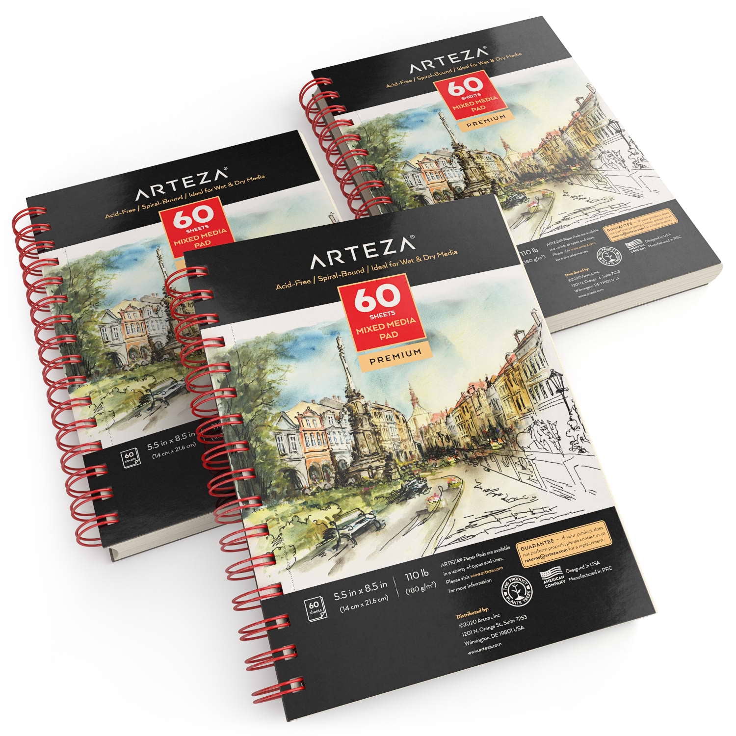 Arteza 5.5" x 8.5" Mixed Media Pad, 60 Sheets, Set of 3