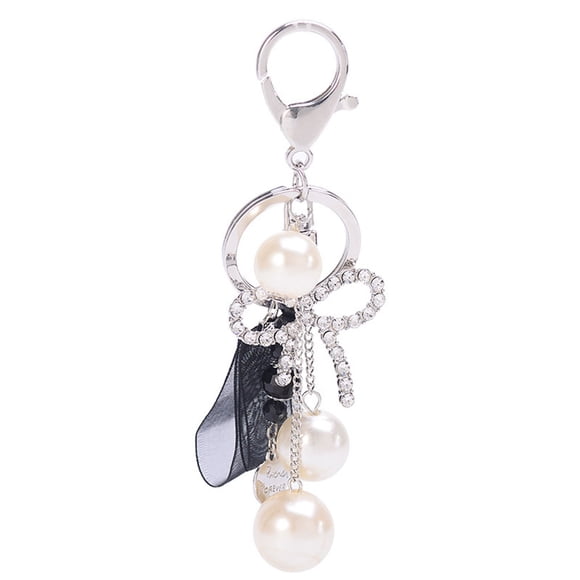 GOOHOCHY Llaveros con lazo de cristal, llavero de cinta, llavero de perla para coche, bolsos de mujer, accesorios colgantes, llaveros (negros)