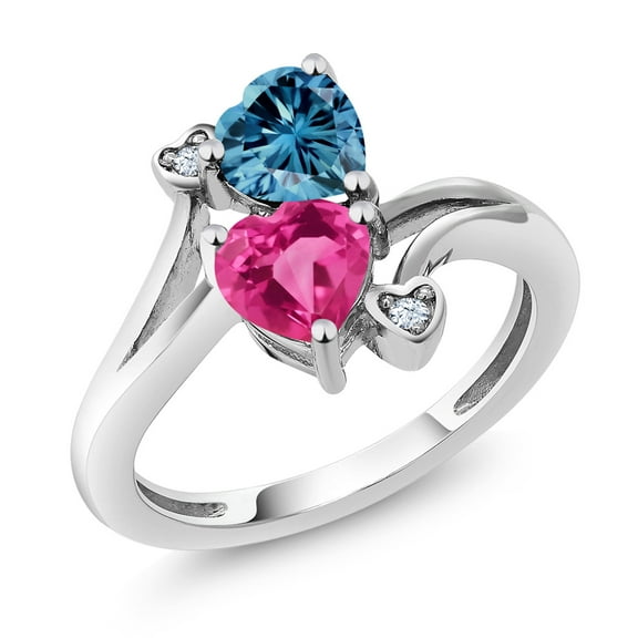Gem Stone King 10K White Gold Fashion Right-Hand Ring Heart Shape Persian Blue Moissanite and Created Sapphire Pink (1.63 Cttw, Size 8)