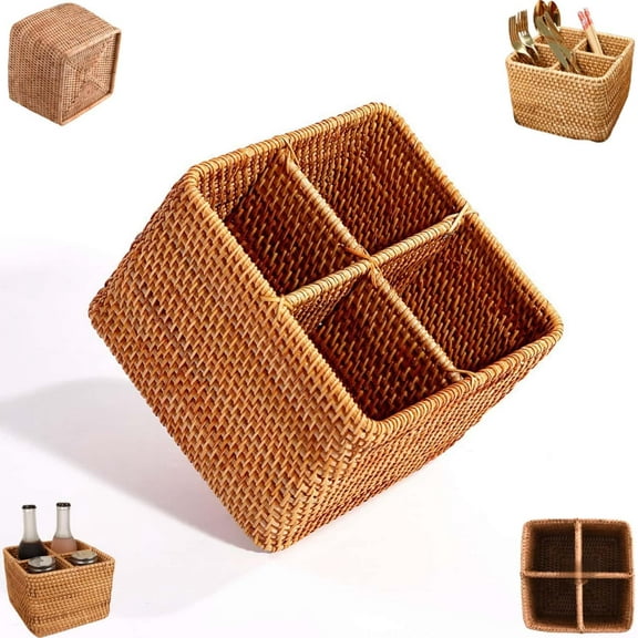 Wicker Silverware Caddy with Built-in Handle,Rattan Utensil Holder with 4 Compartments,Kitchen Utensil Holder for Countertop, Utensil Organizer for party, Natural Woven (Square B)