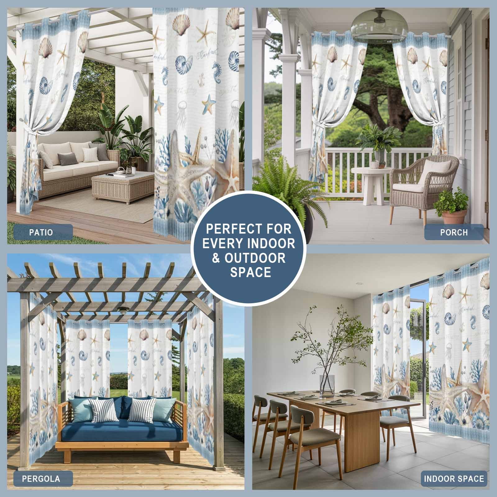 Summer Ocean Outdoor Curtains for Patio, Nautical Sea Starfish Seashell Coral Seahorse Blue Stripe Sunshade Privacy Drapes Grommet Waterproof Outside Curtains for Porch Balcony 54"x108", 1 Panel