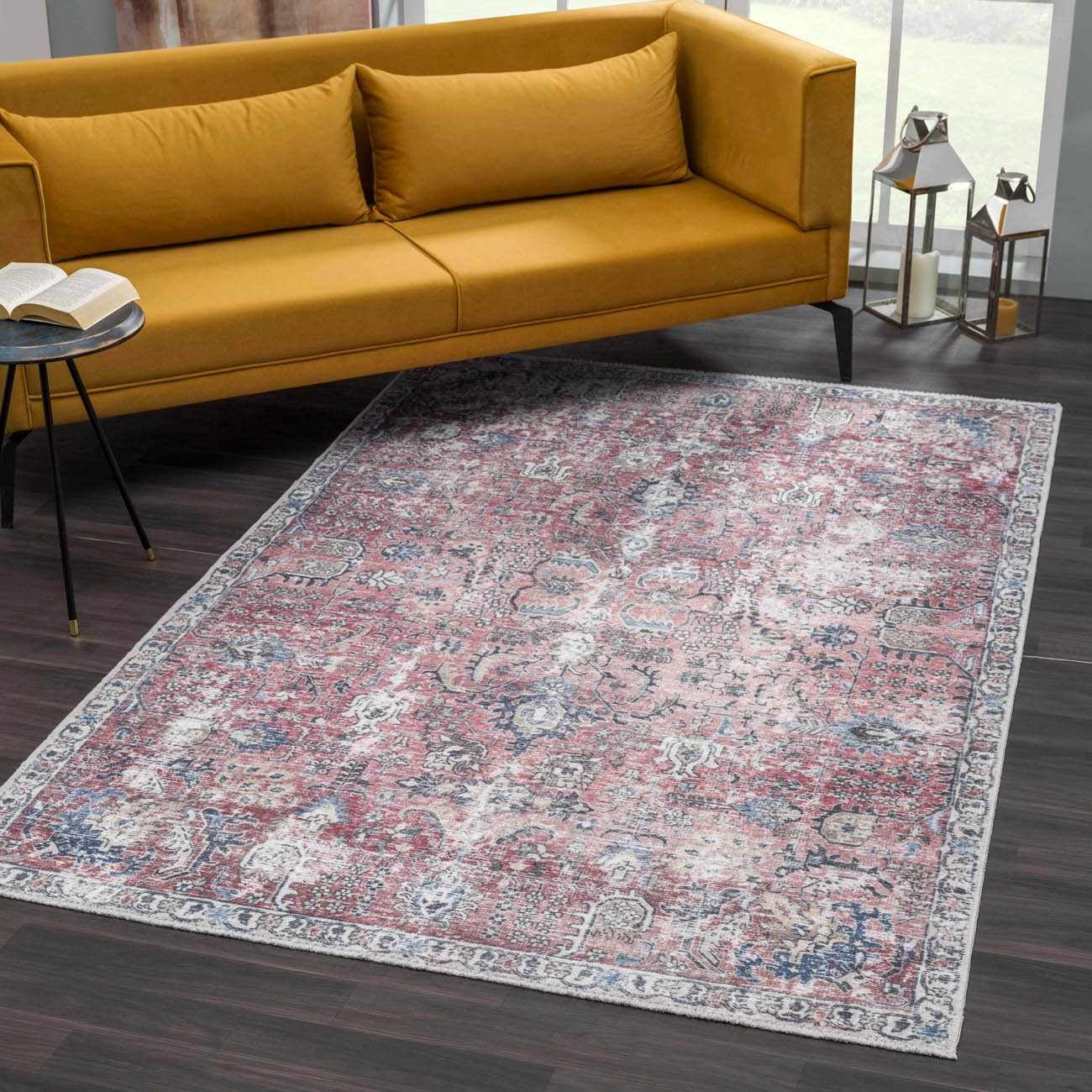 BoutiqueRugs Holli Washable Vintage Runner Rug - Machine Washable - Burgundy, Pale Pink, Olive - 2'7" x 10' Runner
