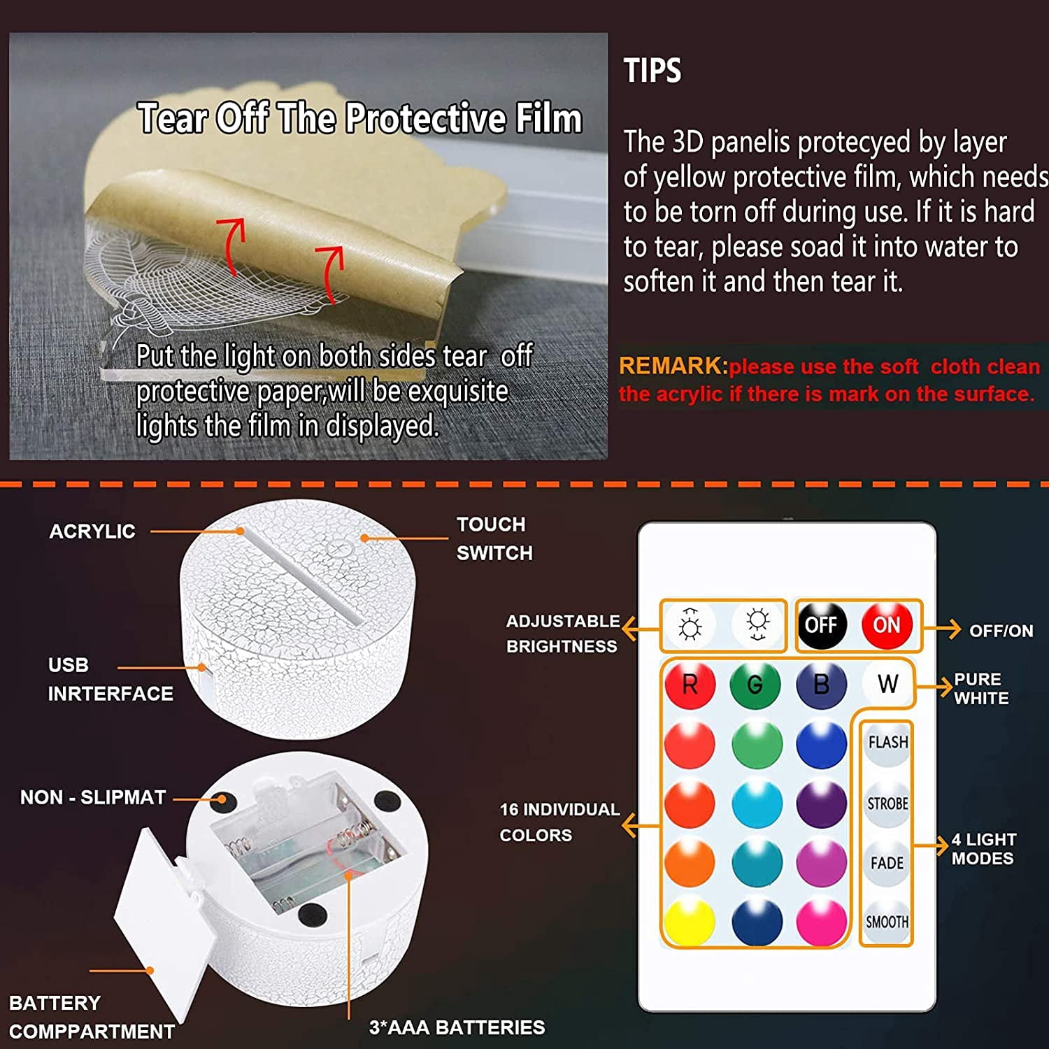 3D Fighter Night Light - USB Touch Table Lamp, 7 Color Changing LED, Optical Illusion Decor For Kids Room