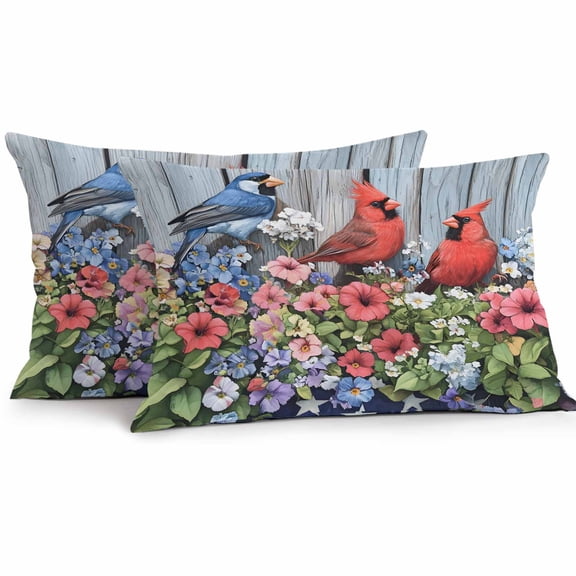 Outdoor Throw Pillows Covers 12X20 Set of 2 Waterproof Vintage Decorative Zippered Cushion Covers for Patio Furniture, 4th of July American Flag Flower Parrot Lumbar Pillowcases Red Blue
