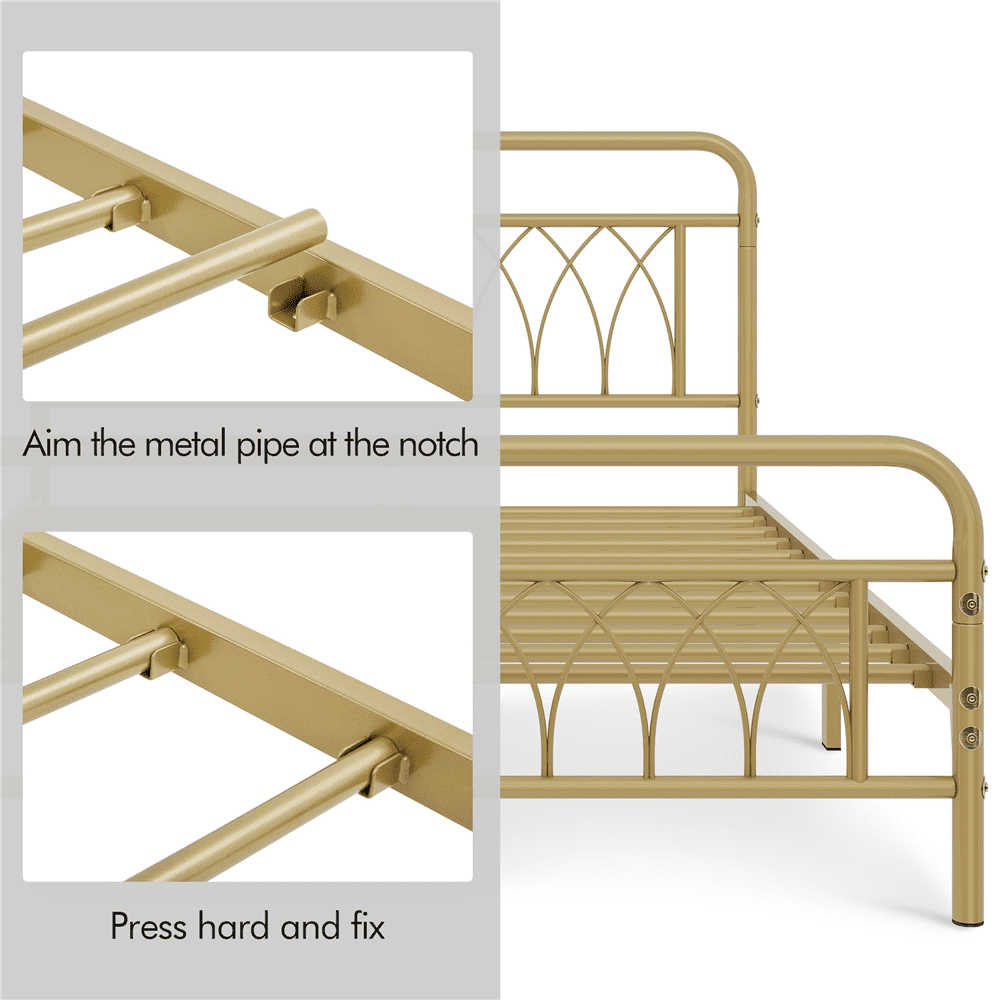 Alden Design Metal Platform Bed Frame with Headboard and Footboard, Queen, Antique Gold
