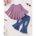 thumbnail image 4 of Yaoqi 12 Months Infant Baby Girl Outfit Set 18 Months Winter Clothes Ruffle Long Sleeves Pullover Top Bowknot Flared Denim Pants 2pcs Clothing Purple, 4 of 7