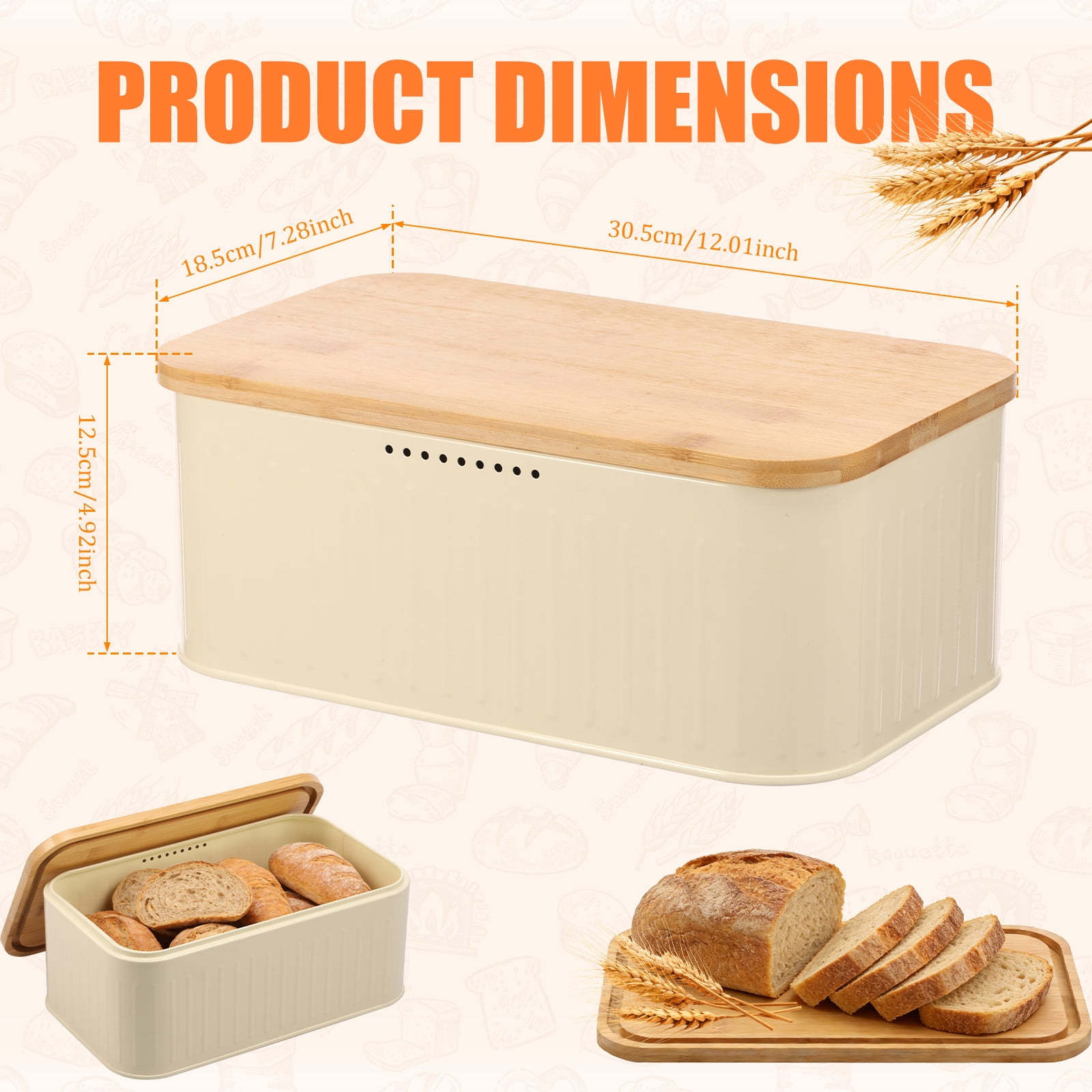 Metal Bread Box for Kitchen Countertop, Bread Storage Container with Bamboo Cutting Board Lid for Homemade Bread, 12" x 7.2"