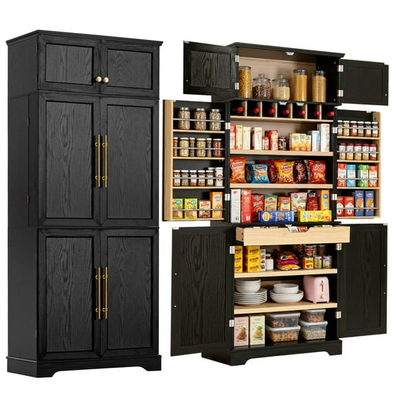 Harper & Bright Designs Farmhouse Kitchen Pantry Cabinet with Door and Shelves, Tall Kitchen Storage Cabinet with Hidden Drawer, Wine Rack and Versatile Cupboard, 78.2", Black