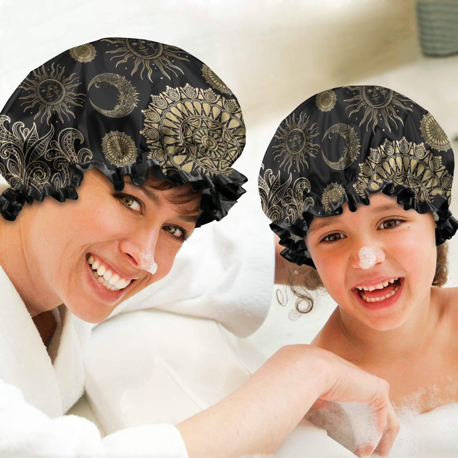 Shower Caps,Black Gothic Sun Moon Pattern Waterproof Shower Cap for Women 4 Pieces,Double Reusable Hair Cover for Shower PEVA Elastic Stretch Hem