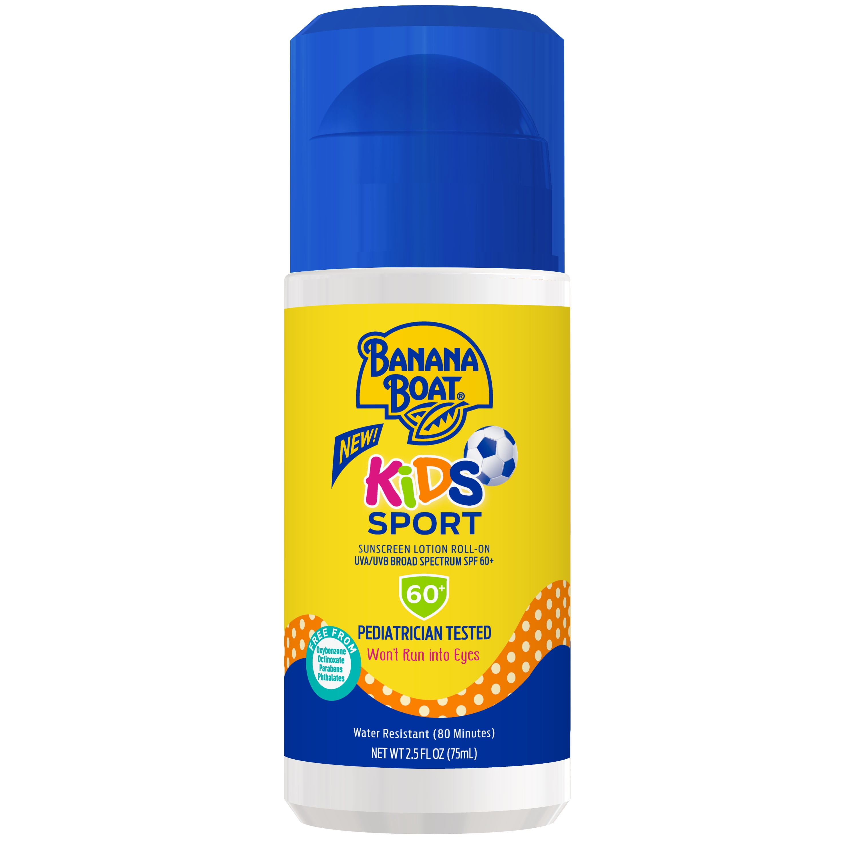 Banana Boat Kids Sport Sunscreen Lotion Roll-On 2.5 Oz, 60 SPF, Won't Run Into Eyes, Pediatrician Tested, Water Resistant (80 Minutes) Sunblock