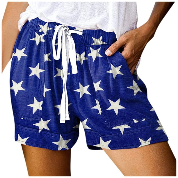 Pantalones cortos con cordón y cordones con bolsillos sueltos informales con estampado del Día de la Independencia para mujer Pompotops ulkah937229