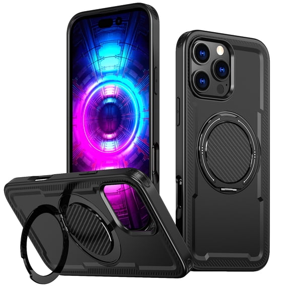 Allytechgroup Shockproof Kickstand Case for iPhone 15 Pro, PC TPU Hybrid Back Cover with Magnetic Ring Support Wireless Charging Anti-Scratch & Drop Protection for iPhone 15 Pro, Black