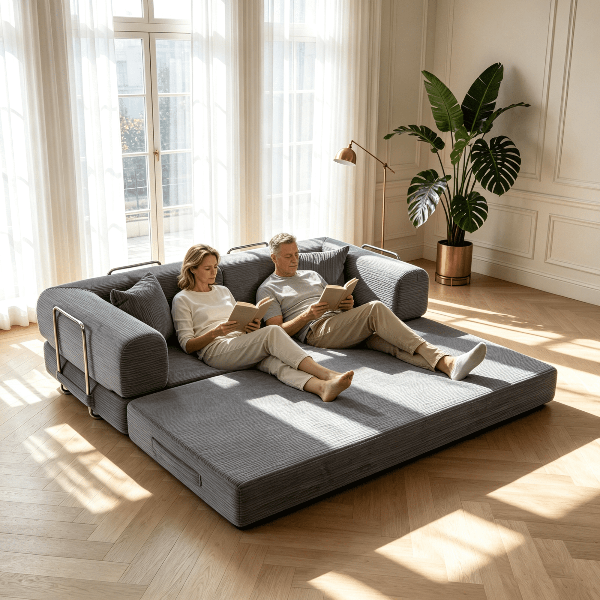 HOQBN Convertible Sofa Bed, Corduroy Fold Out Futon Sleeper Mattress with Pillows, Boneless Folding Floor Couch for Living Room Bedroom Gray