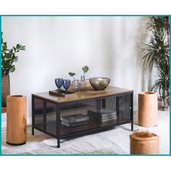 Antique Oak & Black Foldable Coffee Table - Easy Setup, 41”x21” Shelf & Durable Metal Frame for Living Room