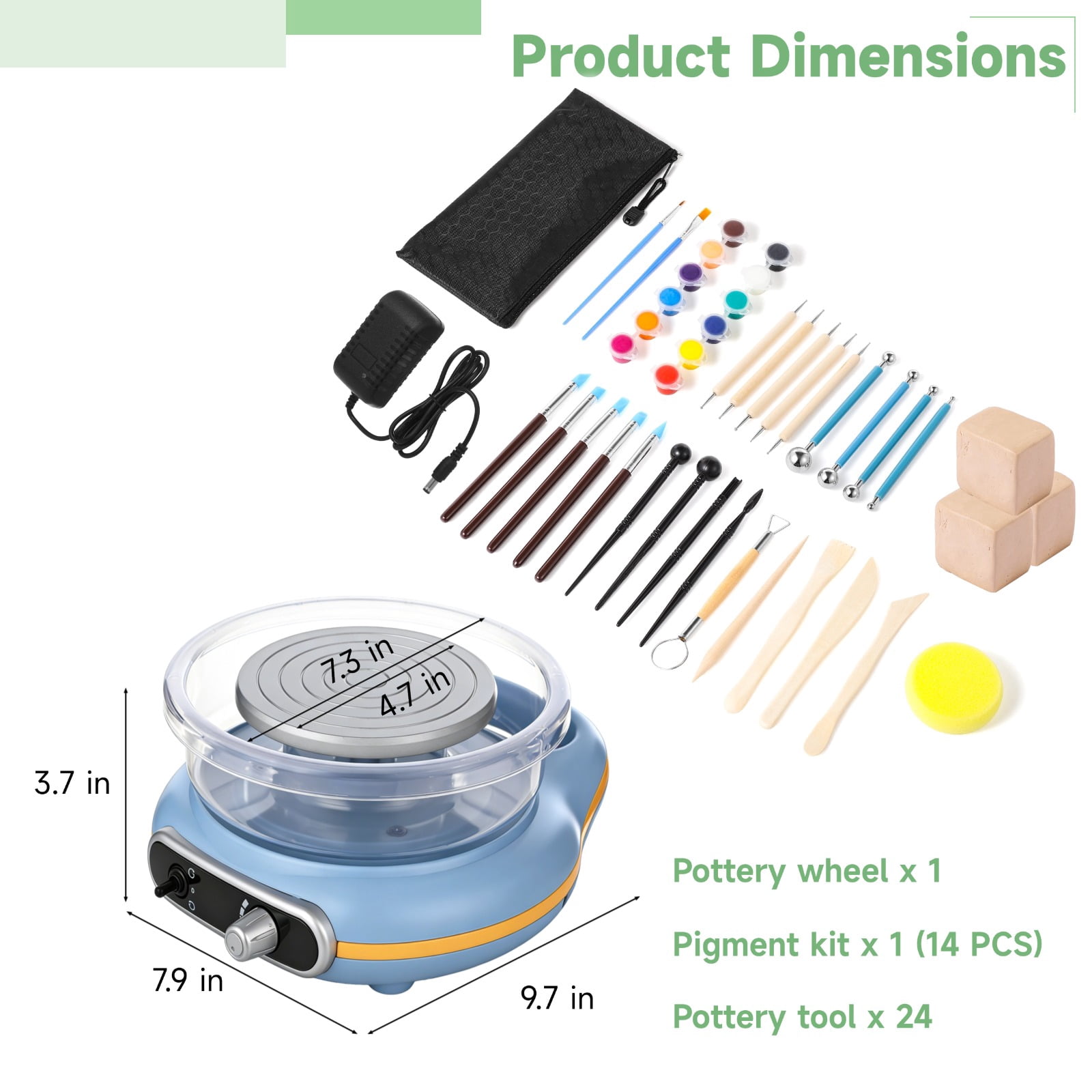 Mini Pottery Wheel Kit Electric Turntable Clay Machine with Handle, Adjustable Speed and Forward Reverse Rotation, 24 Shaping Tools 12 Color Paint Set 3 Clay Blocks for DIY Craft Projects