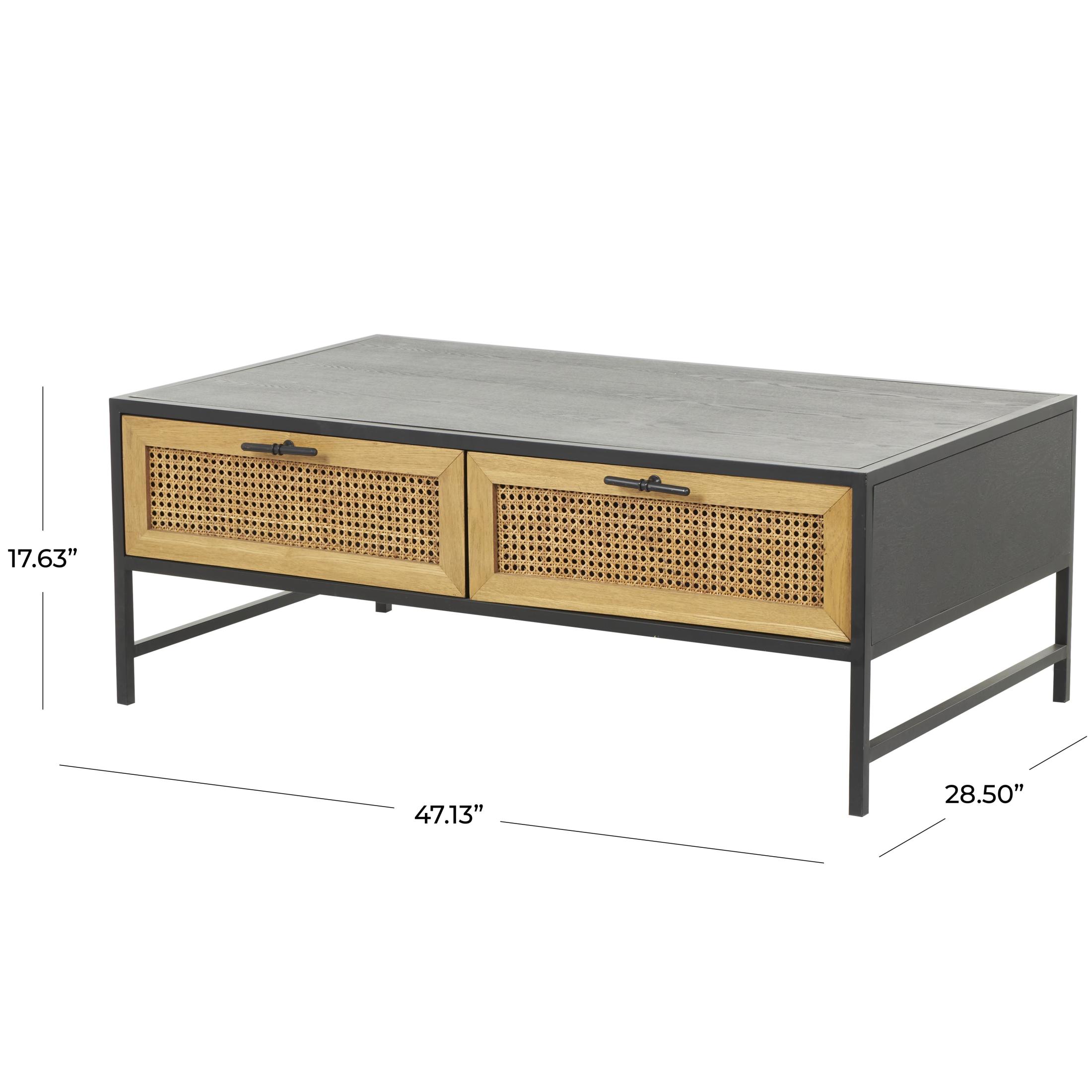 DecMode 47" x 18" Black Wooden Handmade 2 Drawer Coffee Table with Rattan Drawer Fronts, 1-Piece