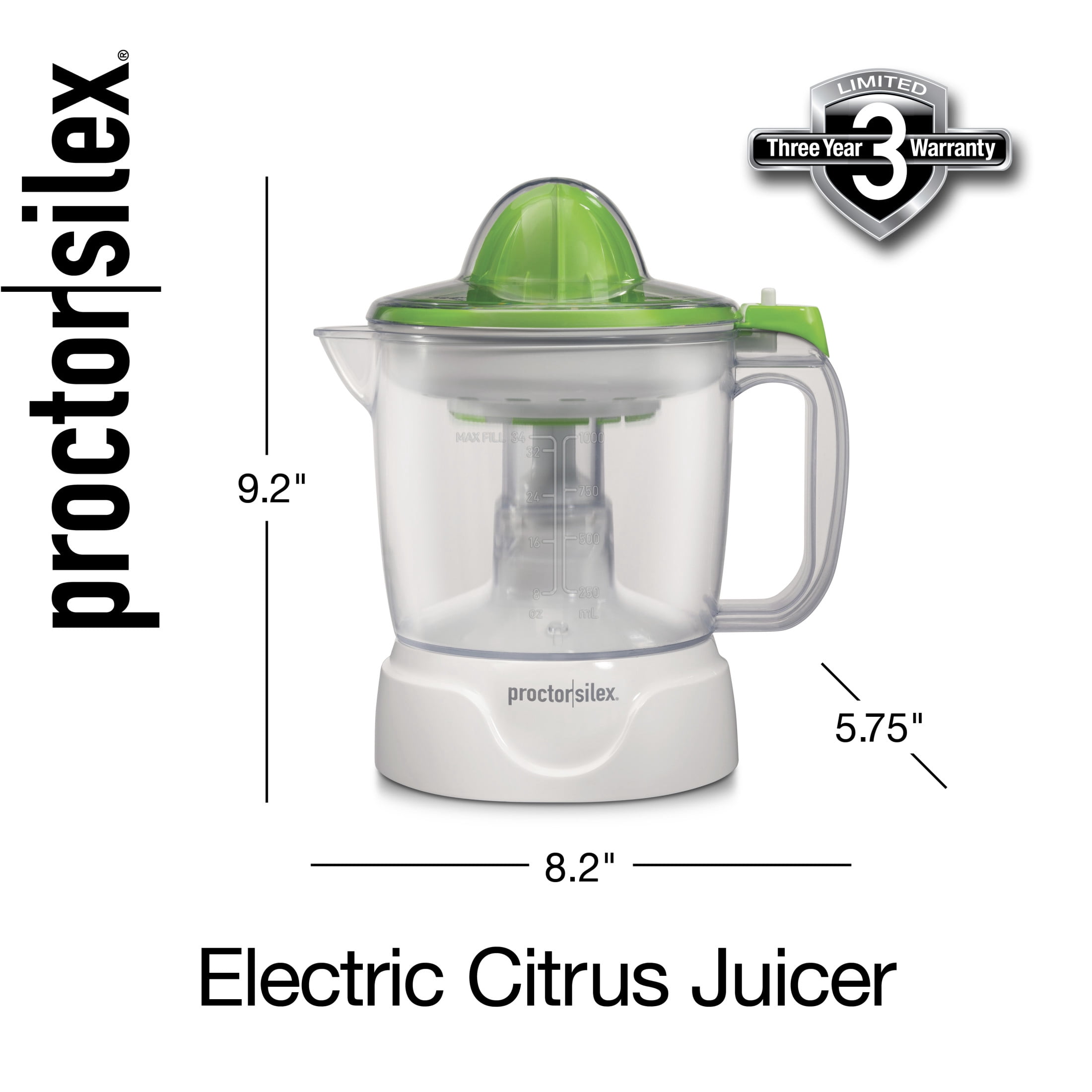 Proctor Silex Electric Citrus Juicer Machine for Fruits and Vegetables with 34 oz Pitcher, White