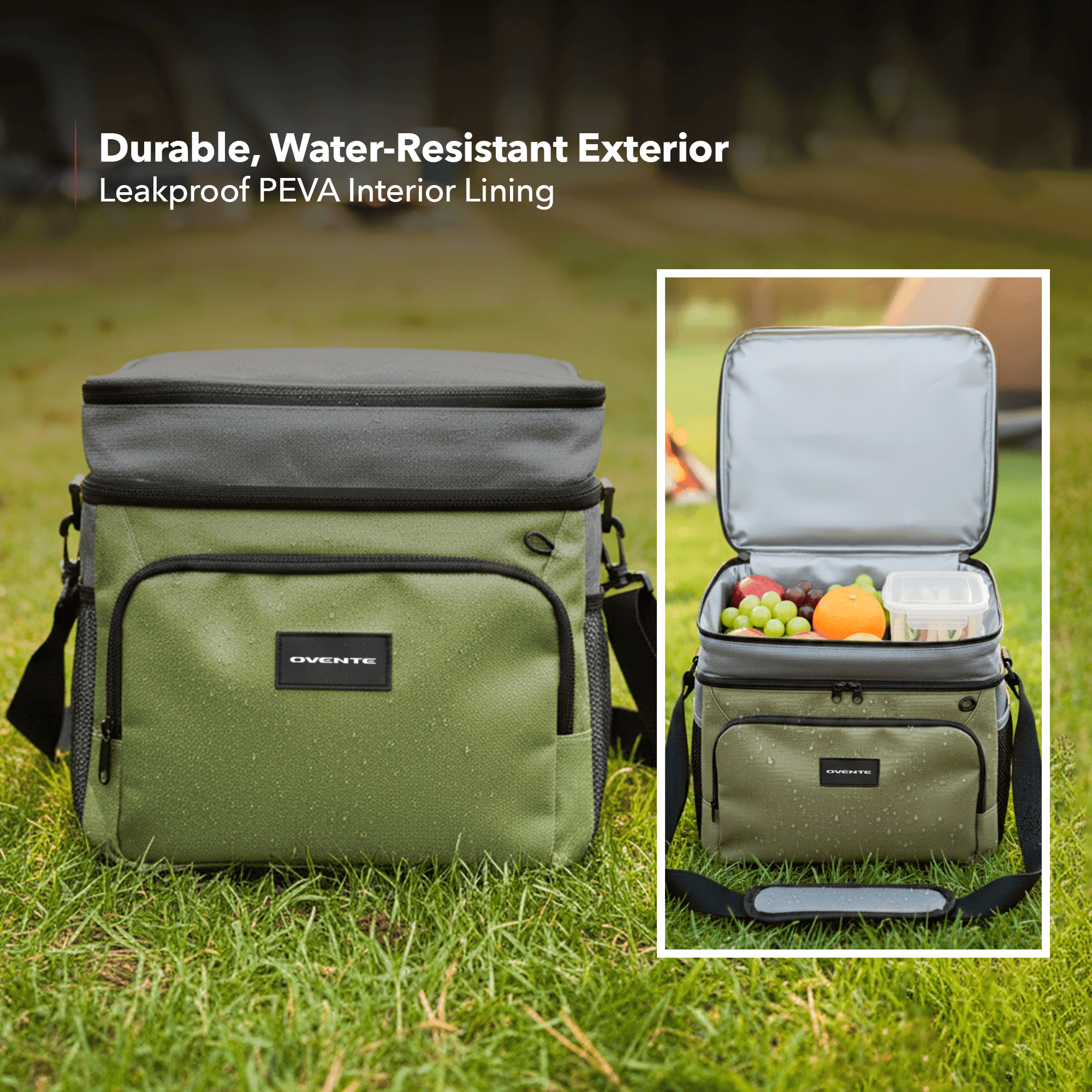 OVENTE Collapsible Soft Cooler Bag, Insulated Lunch Bag with Double-Deck Leakproof Compartments, Waterproof Exterior, Portable for Work, Travel, Beach, Camping and Road Trips, Green CCBI024GG