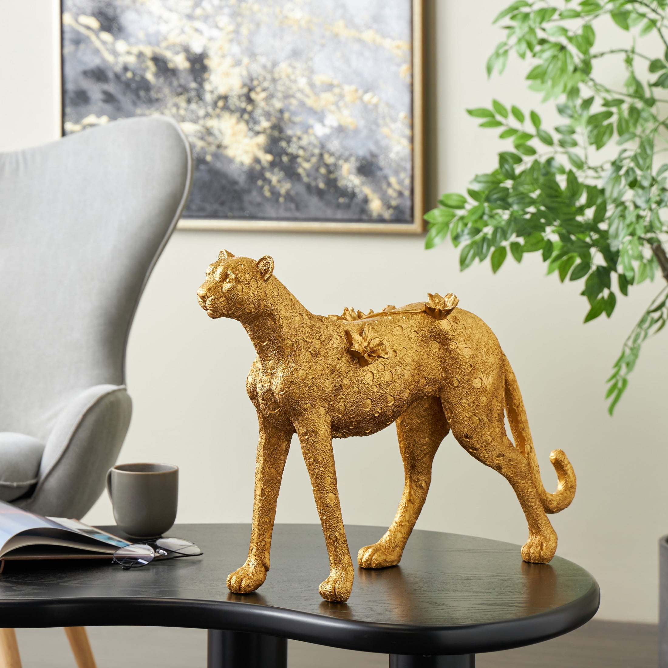 25" x 17" Gold Resin Standing Leopard Sculpture with Textured Spots and Floral Accents, by DecMode