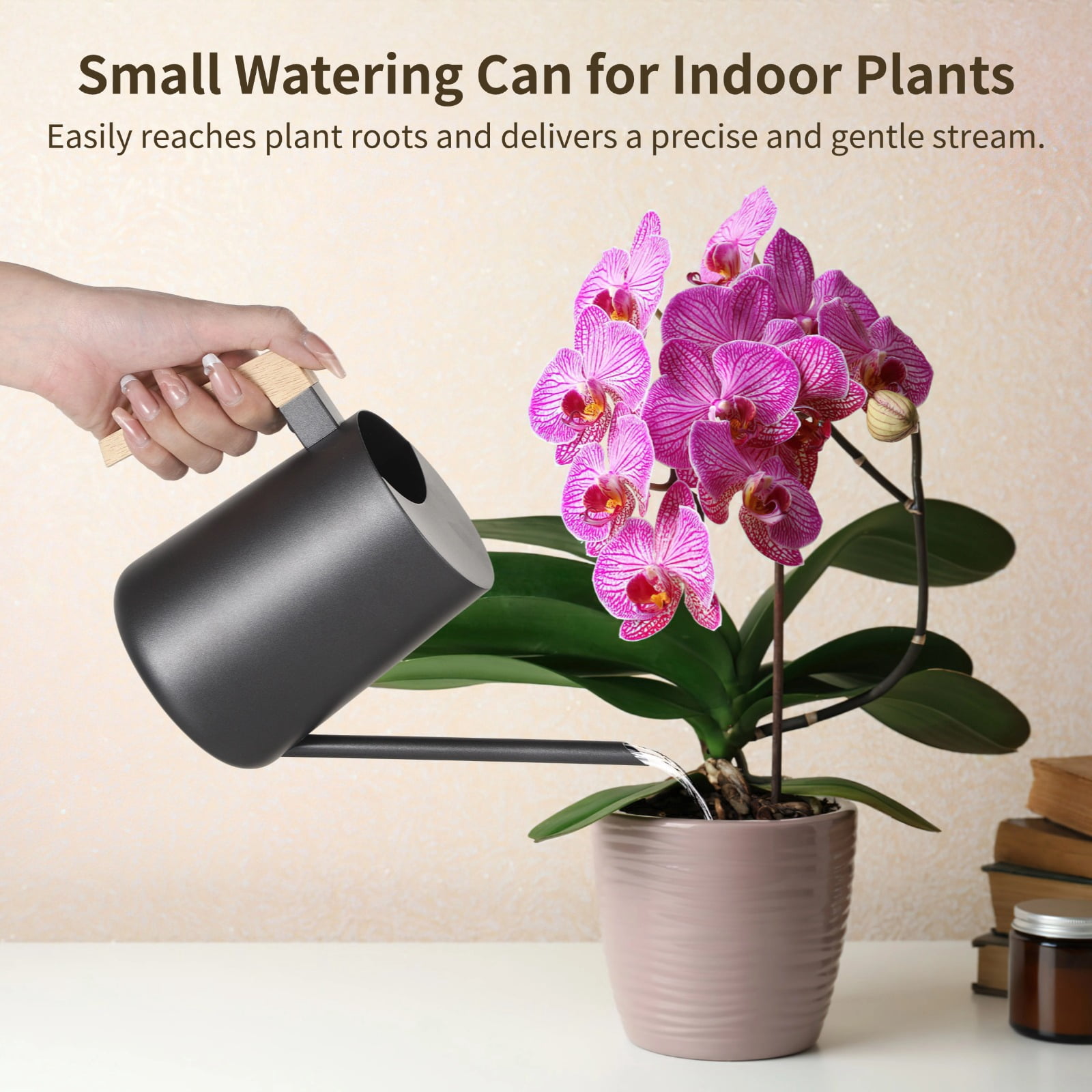 35 oz Small Watering Can for Indoor Plants – Long Spout Black Metal Plant Can with Wooden Handle, Rust-Resistant, Modern Minimalist Design for Houseplants, Desk Plants & Hanging Plants