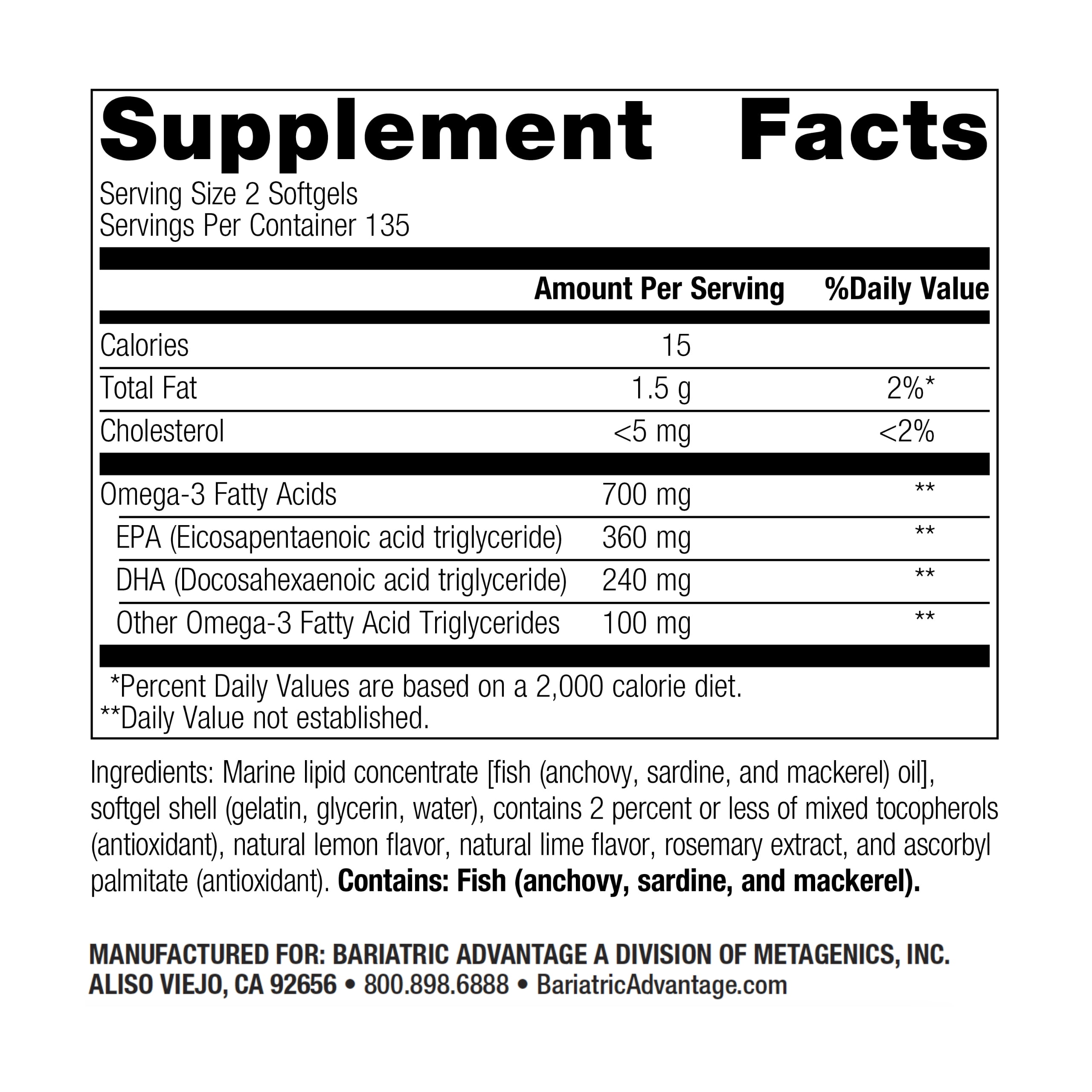 Bariatric Advantage Omega-3 300 - High DHA & EPA Content - Concentrated Triglycerides Fish Oil - Antioxidants Supplement* - Fish Oil DHA EPA - 270 Softgels - Lemon Lime