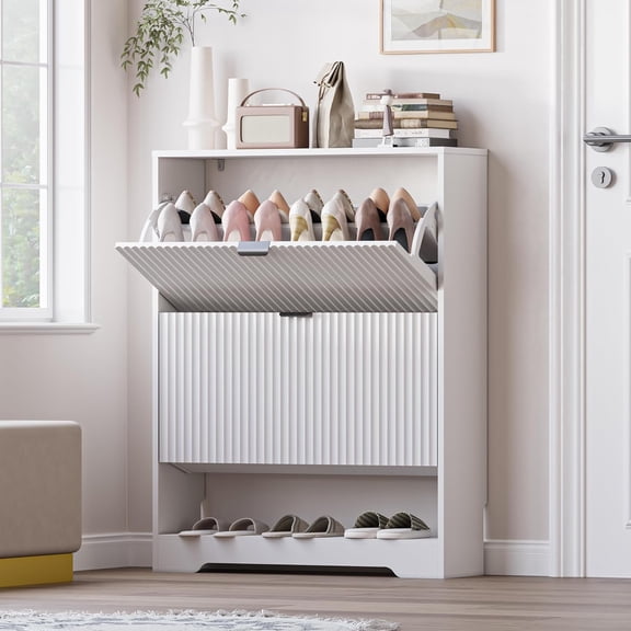 FANRAL Modern White Fluted Shoe Storage Cabinet,Freestanding Organizer with Open Bottom for Entryway