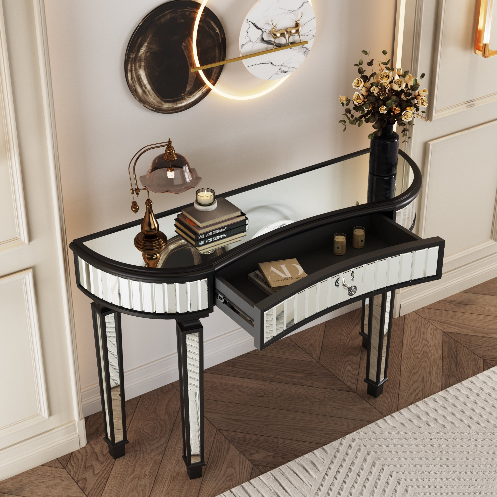 47" Half-Moon Mirrored Console Table Entryway Vanity Desk with Fluted Glass & Crystal Knob Drawer for Bedroom/Dressing Room (Black+Sliver)