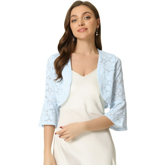 DARING DIVA Bell Sleeves Floral Lace Cardigan Cropped Shrug Tops XS Light Blue