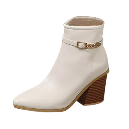 

Lovskoo 2024 Women s Middle Ankle Boots Pointed Toe Chunky Heel Oversized Chunky Heels With Pointed High Heels Side Zipper Ankle Boots Beige