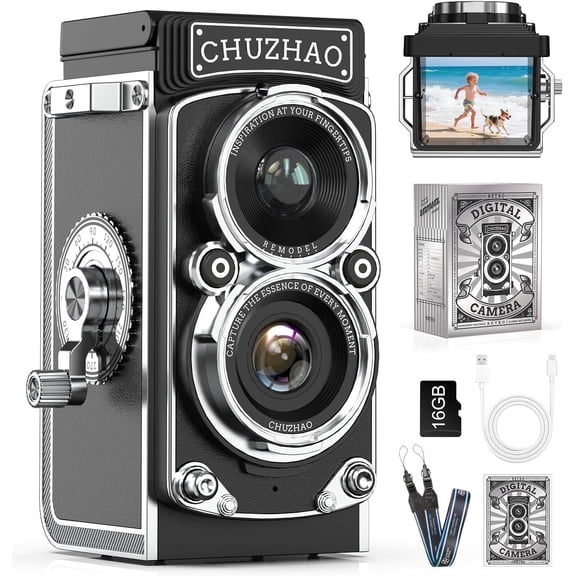 Mini Vintage Digital Camera, Portable Retro Twin-Lens Reflex Style Digital Camera with 16GB Card, 12MP Photos, Autofocus, 1080P FHD Video, Dual Filters, Gifts for Boys, Girls, Wife, Mothers Day Gifts
