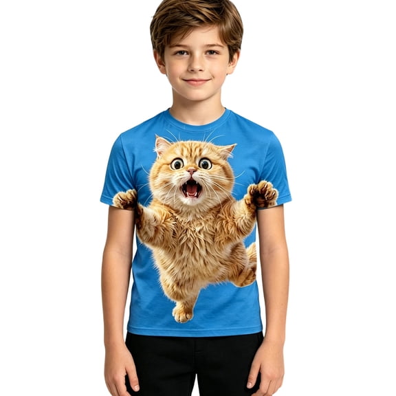 Lullu Toddler Boys Funny Animal Graphic T Shirt Cute Cat Print Short Sleeve Round Neck T-Shirt Top, Sizes 3-4