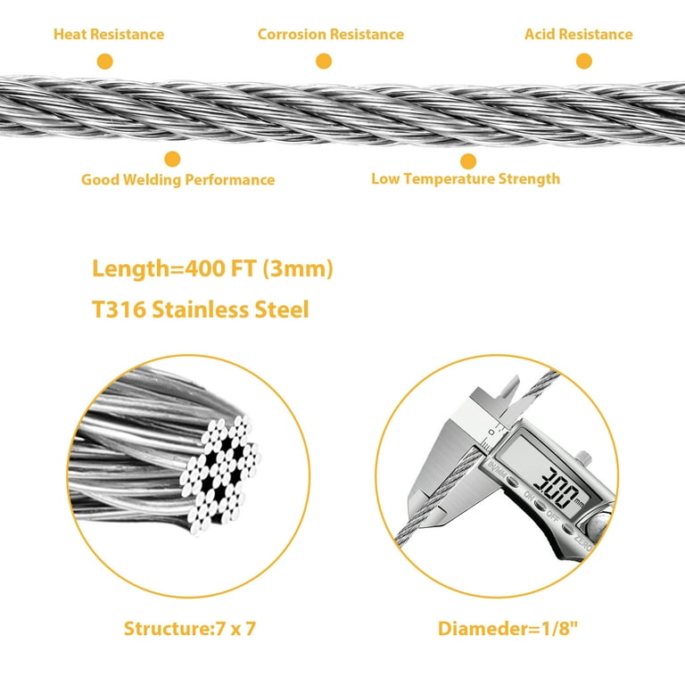 Wire Rope, 1/8 T316 Stainless Steel Cable Wire Rope with 7x7 Strand Core