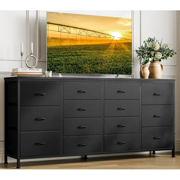 M optimized 63" Dresser for Bedroom, TV Stand for 65 70 75 inch TVs, 14 Drawer Dresser with Power Outlets, Large Long Fabric Dresser Entertainment Center