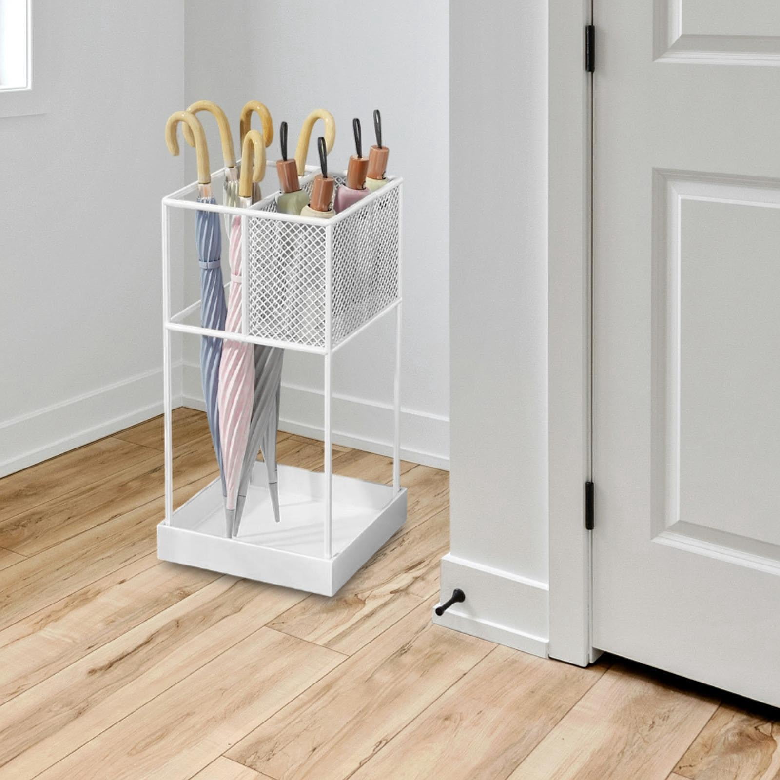 Fiocias Modern Iron Umbrella Holder Stand Anti Slip Storage Organizer Bin for Long Short White