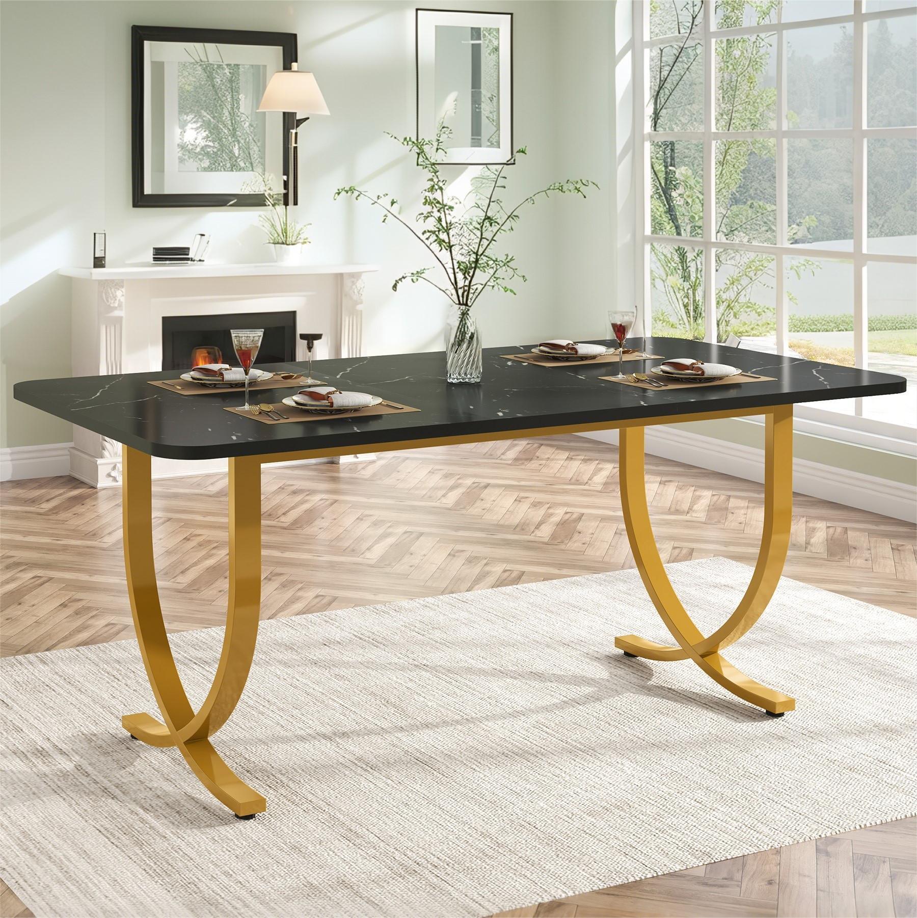 Fnova 63" Modern Long Dining Table for 6 people, Rectangular Faux Marble Kitchen Table with Metal Legsfor Dining Room, Black Gold