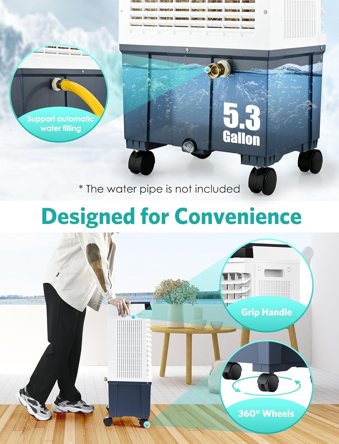 Nordic Hygge 1800 CFM 3 Speed Portable Evaporative Air Cooler Fan Humidifier Indoor/Outdoor up to 1000 Sq. Ft., White