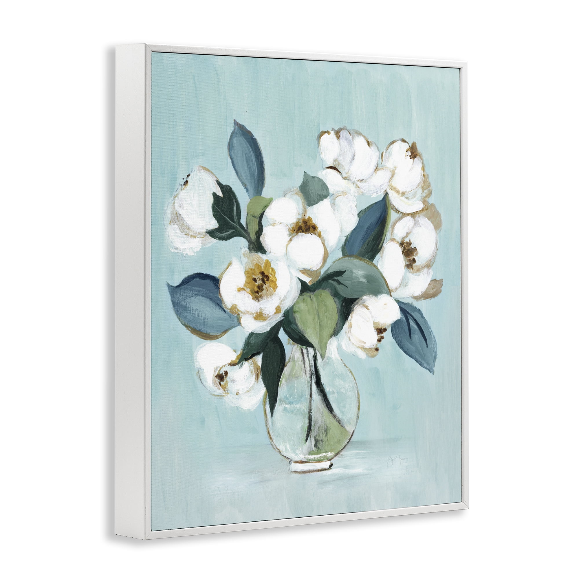 Stupell Industries Magnolia Arrangement over Blue White Framed Giclee Art, design by Janet Tava