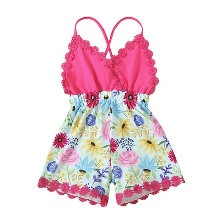

DNDKILG Infant Baby Toddler Kids Clothes Floral Ruffle Jumpsuit for Girl Summer Sleeveless Suspender Romper Hot Pink 6M-3Y