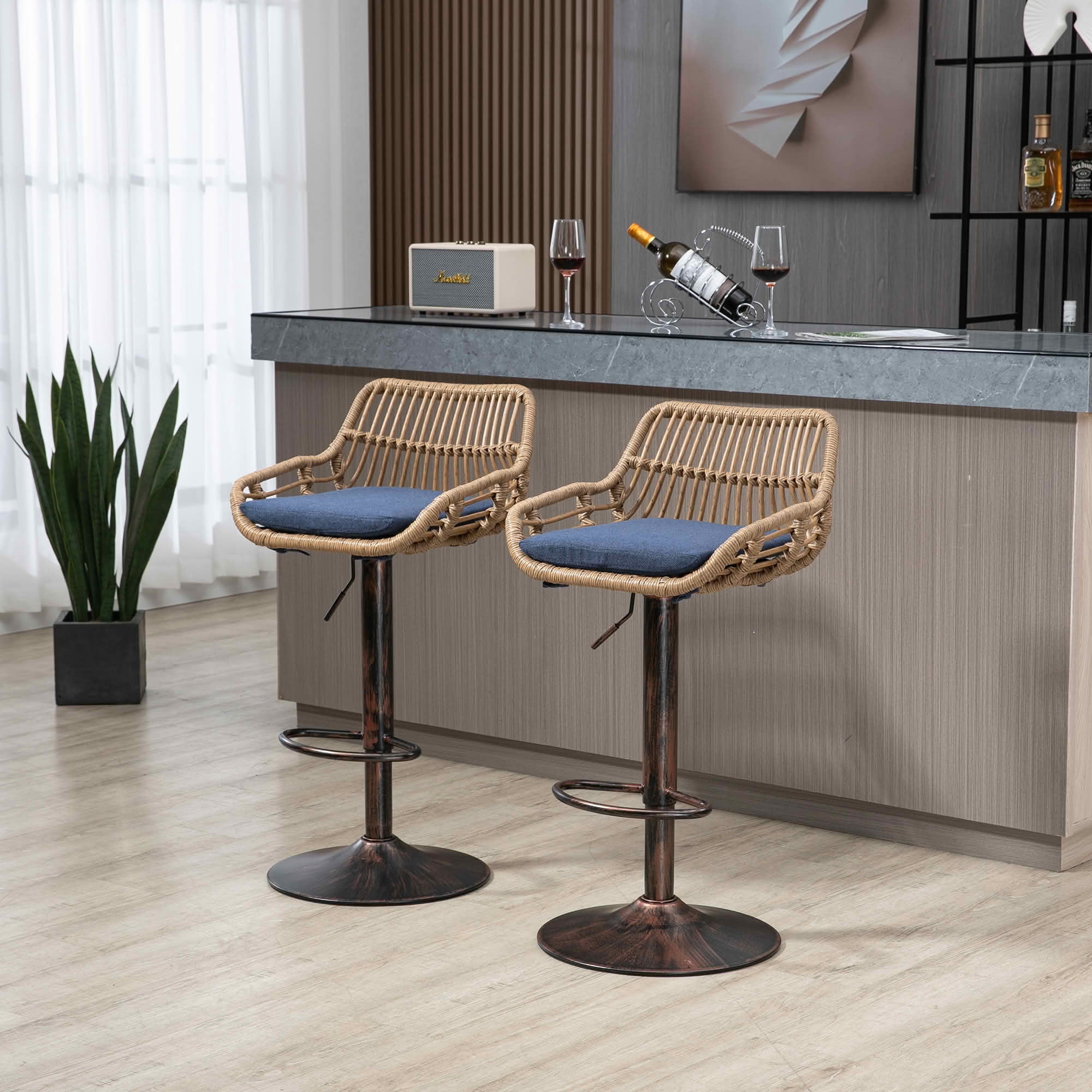 MAYEERTY Swivel Bar Stools Set of 2, Adjustable Height Chairs with Footrest, Linen and PE Rattan Back, Blue