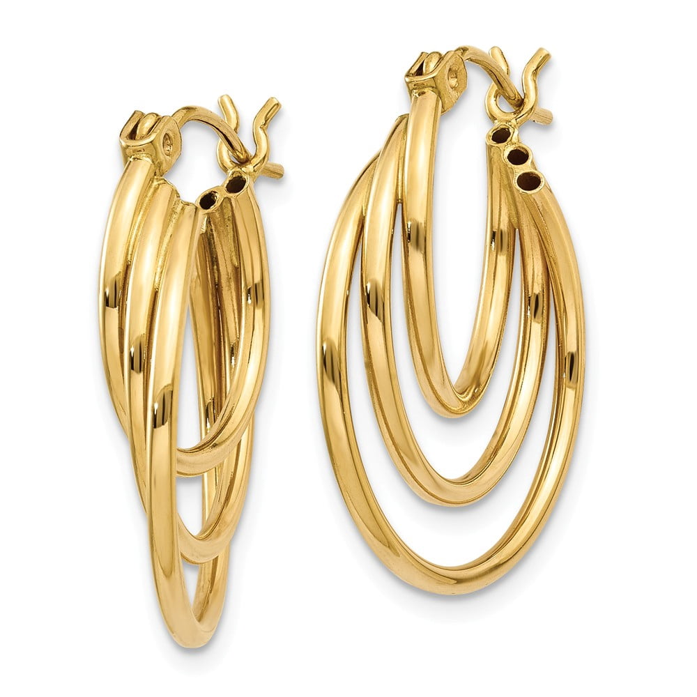Real 14kt Yellow Gold Triple Hoop Earrings; for Adults and Teens; for Women and Men