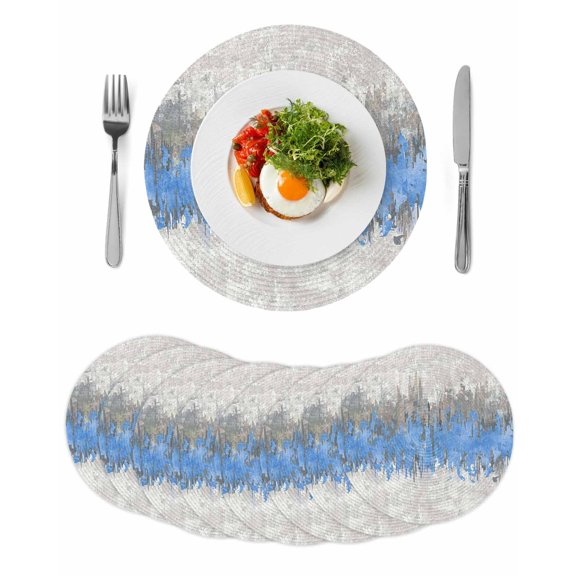 Blue Grey Abstract Round 15 Inch Placemats Set of 8, Gradient Geometric Graffiti Modern Art HeatResistant Non Slip Place Mats for Dining Table, Wipeable Braided Kitchen Table Mats for Housewarming