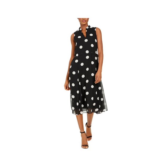 Anne Klein Vestido ajustado y acampanado de lunares para mujer negro M Anne Klein Entallado y acampanado
