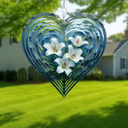 HELLOYOUNG Bohemian Metal Wind Chime for Outside, Serene Blue Lily & Green Leaf Spiral Design, No Electricity Needed, Christmas Ornament Decoration