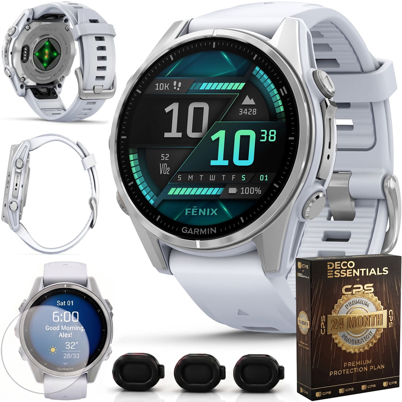 Garmin fenix 8 43mm AMOLED Multisport GPS Smartwatch, Silver with Whitestone Silicone Band, 010-02903-00 - Bundle w/Deco Essentials 2-Year CPS Plan