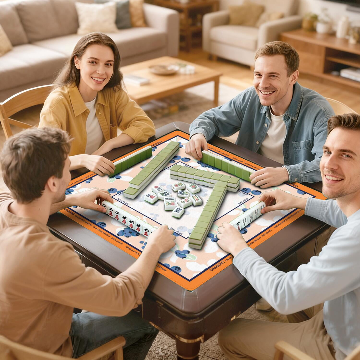 Floral Mahjong Mat with Rules, 31.5*31.5in Anti Slip American Mahjong Mat for Table, Noise Reduction, Neoprene Mah jongg Mats with Carrying Bag & 3 Dices, Mahjong Set Gift, Board Tile Games Mats