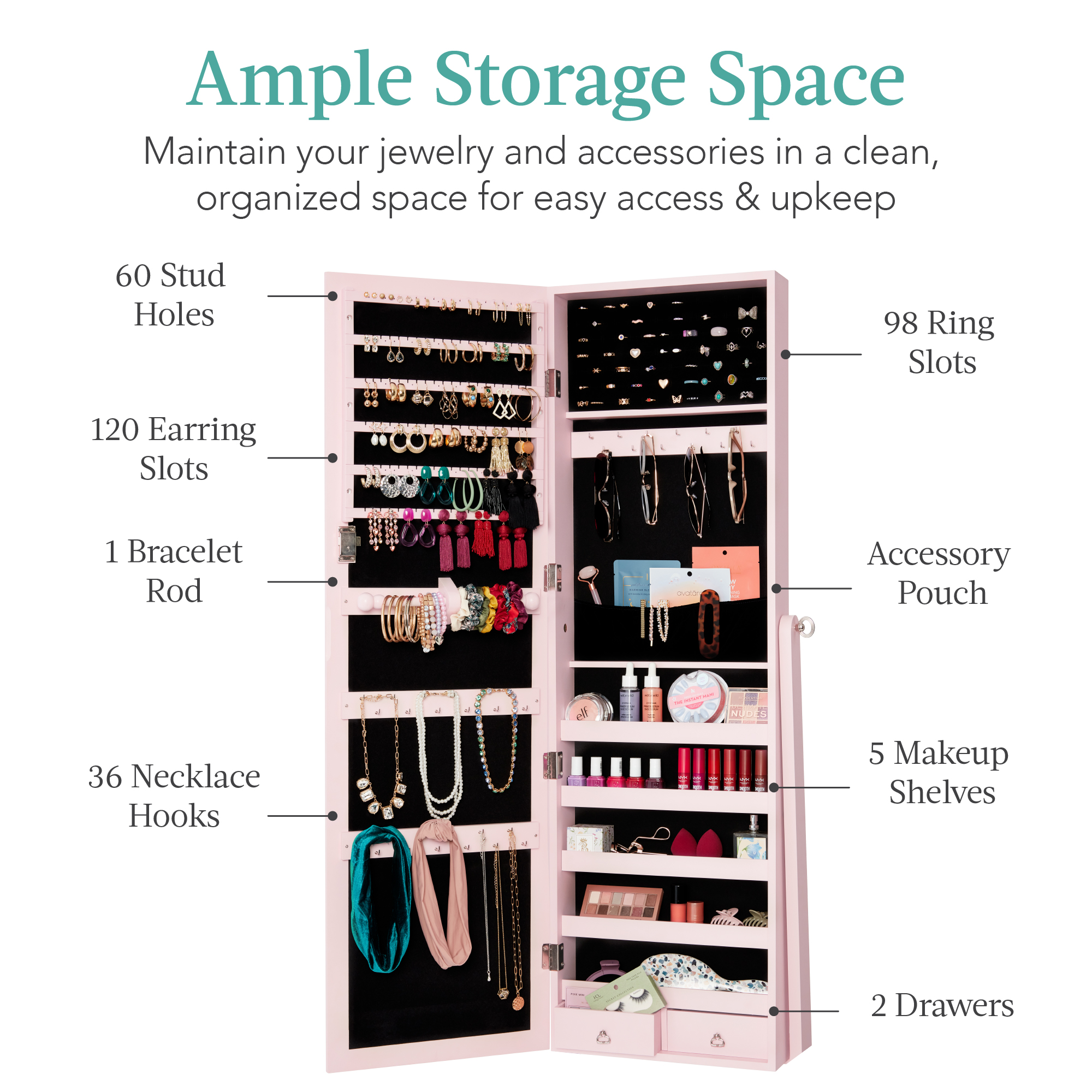 Best Choice Products Jewelry Armoire with Mirror and Lock, Dusty Pink photo 2