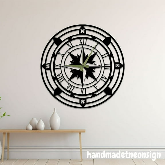 Handmadetneonsign Large Wall Clock Unique, Compass Round Wall Clock, Compass Metal Wall Clock 041081