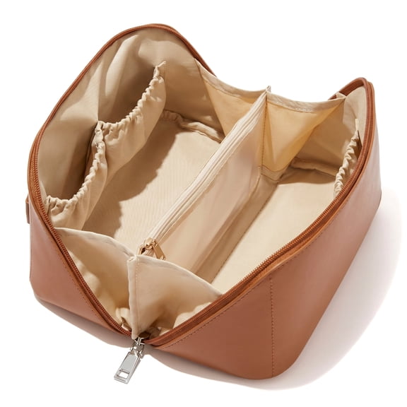 Travel Makeup Bag, Large Capacity Cosmetic Bag for Women, Waterproof PU Leather Flat Open Portable Toiletry Bag for Skincare, Brushes & Essentials - Brown, Medium